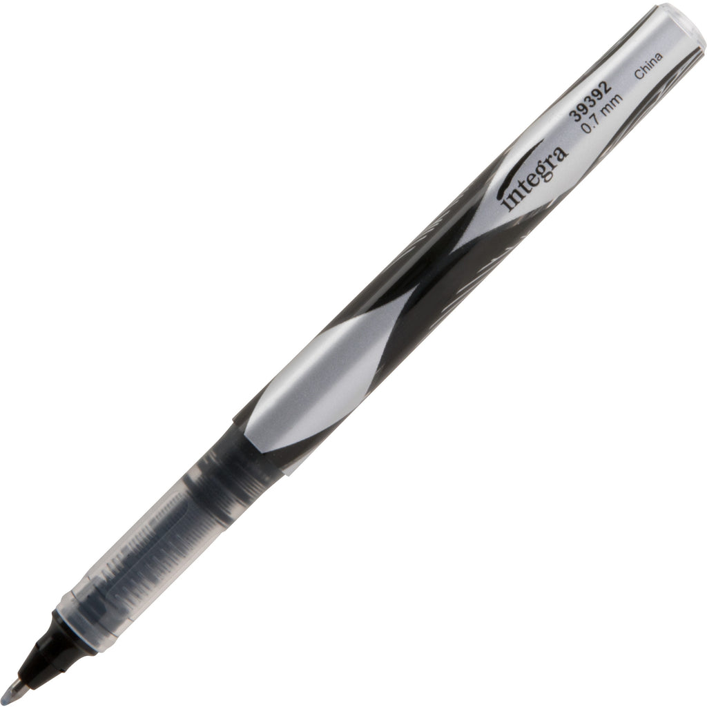 Integra Liquid Ink Rollerball Pens - Fine Pen Point - 0.7 mm Pen Point Size - Black - Black Barrel - Metal Tip - 1 Dozen - 