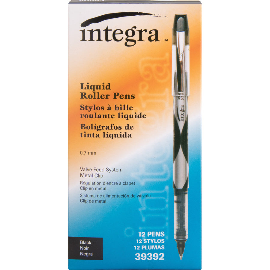 Integra Liquid Ink Rollerball Pens - Fine Pen Point - 0.7 mm Pen Point Size - Black - Black Barrel - Metal Tip - 1 Dozen - 