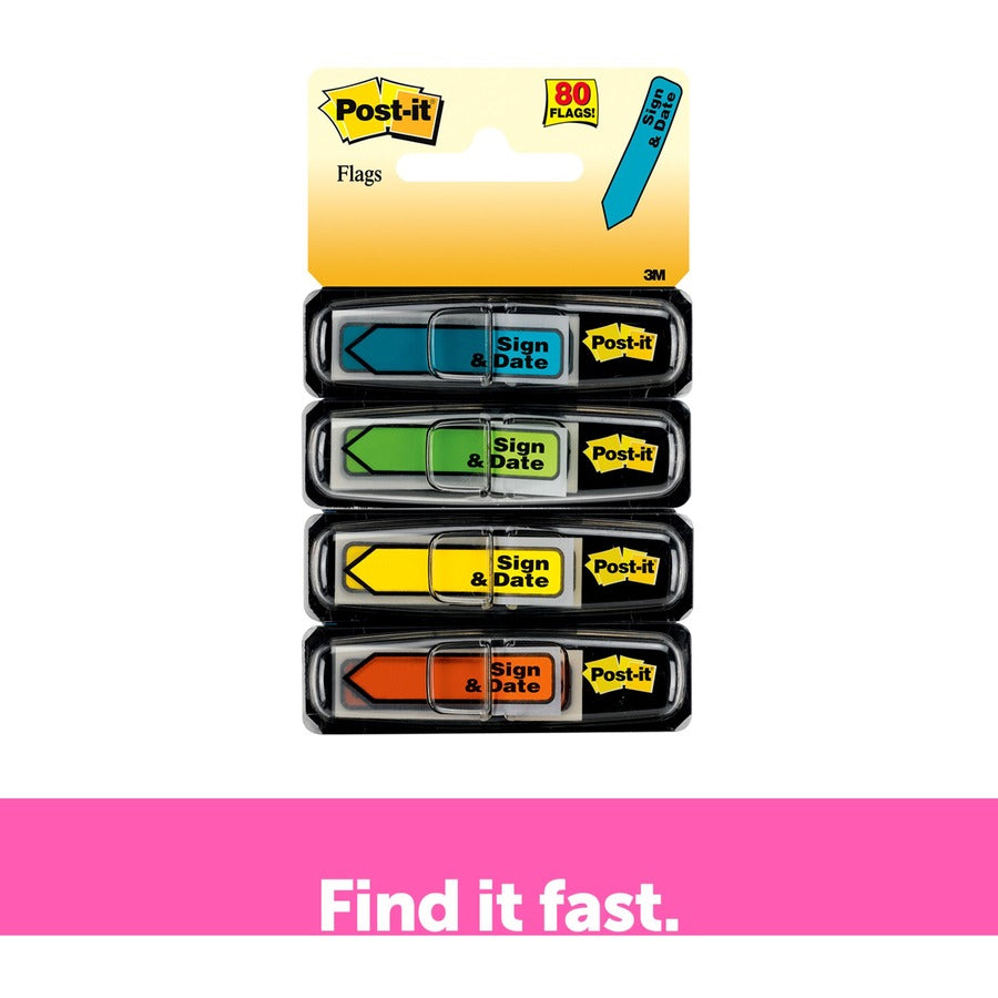 Arrow Message 0.5" Page Flags, Sign and Date, 4 Primary Colors, 20 Flags/Dispenser, 4 Dispensers/Pack