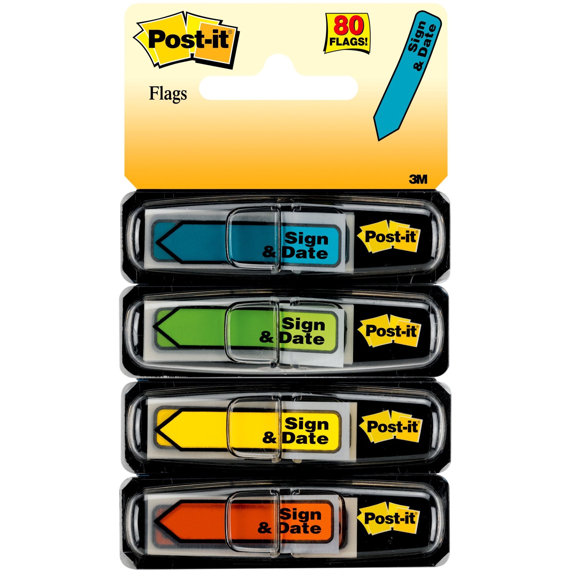 Arrow Message 0.5" Page Flags, Sign and Date, 4 Primary Colors, 20 Flags/Dispenser, 4 Dispensers/Pack