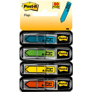 Arrow Message 0.5" Page Flags, Sign and Date, 4 Primary Colors, 20 Flags/Dispenser, 4 Dispensers/Pack