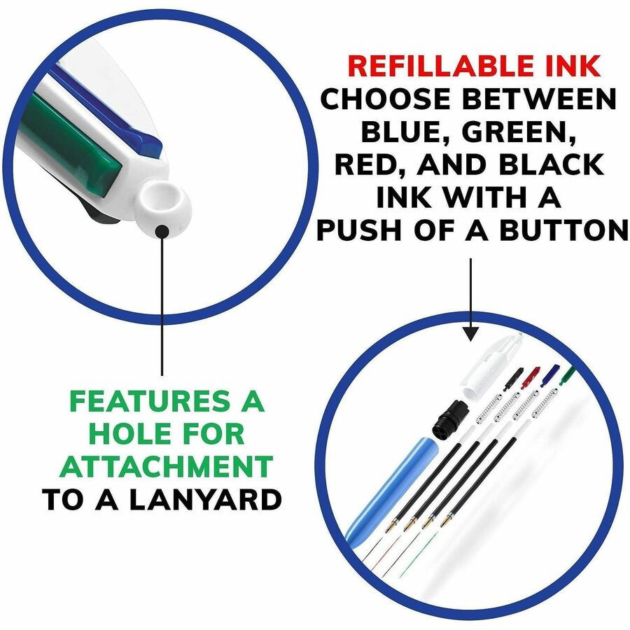 BIC 4-Color Retractable Pen - Fine, Medium Pen Point - Refillable - Retractable - Multi, Black, Red, Green - 1 / Pack