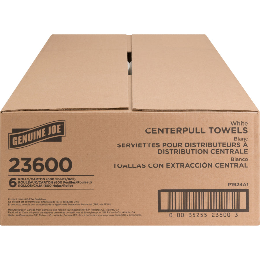 Genuine Joe Centerpull Paper Towels - 2 Ply - 600 Sheets/Roll - 3.02" Core - White - Fiber - Non-chlorine Bleached, Center Pull - For Washroom - 6 / Carton - 