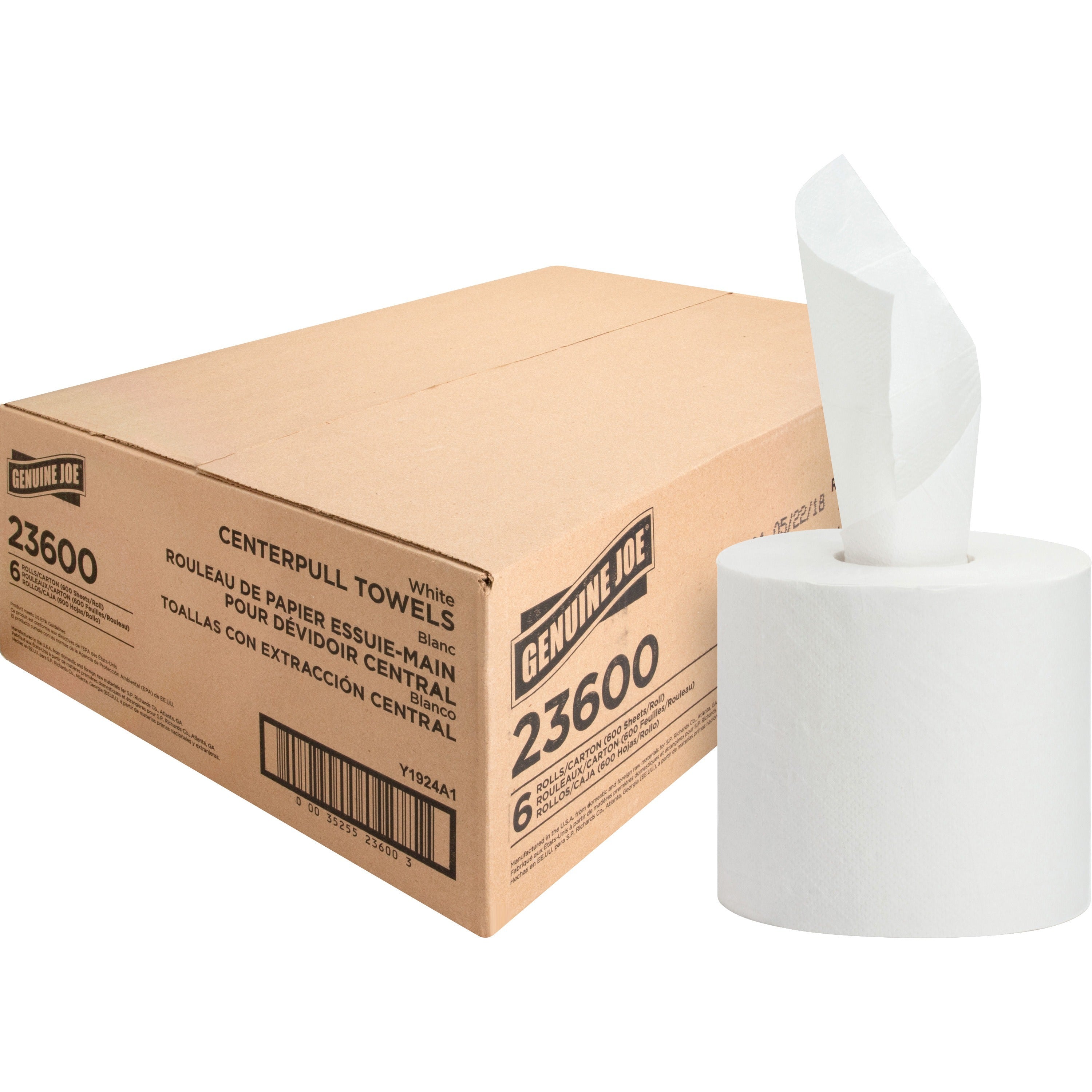 Genuine Joe Centerpull Paper Towels - 2 Ply - 600 Sheets/Roll - 3.02" Core - White - Fiber - Non-chlorine Bleached, Center Pull - For Washroom - 6 / Carton - 