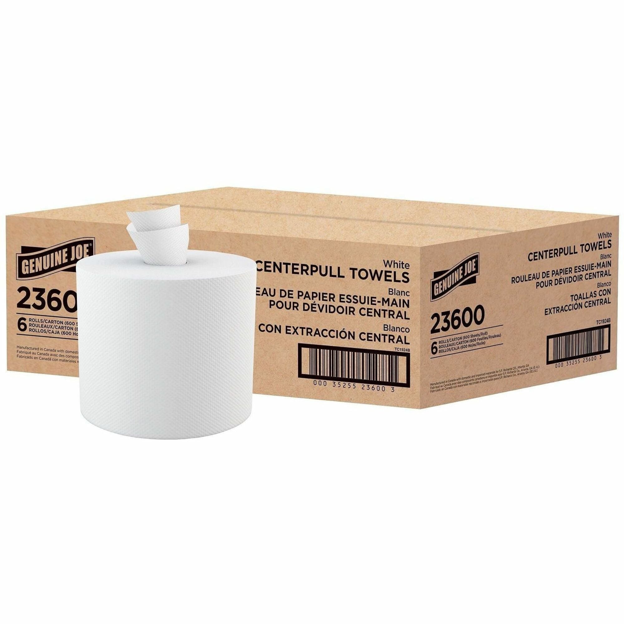 Genuine Joe Centerpull Paper Towels - 2 Ply - 600 Sheets/Roll - 3.02" Core - White - Fiber - Non-chlorine Bleached, Center Pull - For Washroom - 6 / Carton