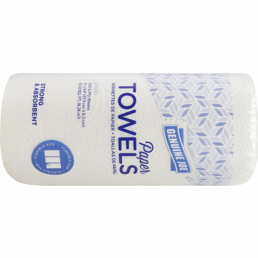 Genuine Joe Kitchen Roll Flexible Size Towels - 2 Ply - 1.63" Core - White - Flexible, Perforated, Absorbent, Soft - For Kitchen, Multipurpose, Breakroom - 24 / Carton