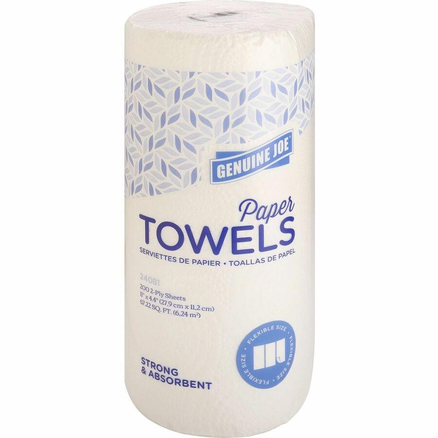 Genuine Joe Kitchen Roll Flexible Size Towels - 2 Ply - 1.63" Core - White - Flexible, Perforated, Absorbent, Soft - For Kitchen, Multipurpose, Breakroom - 24 / Carton
