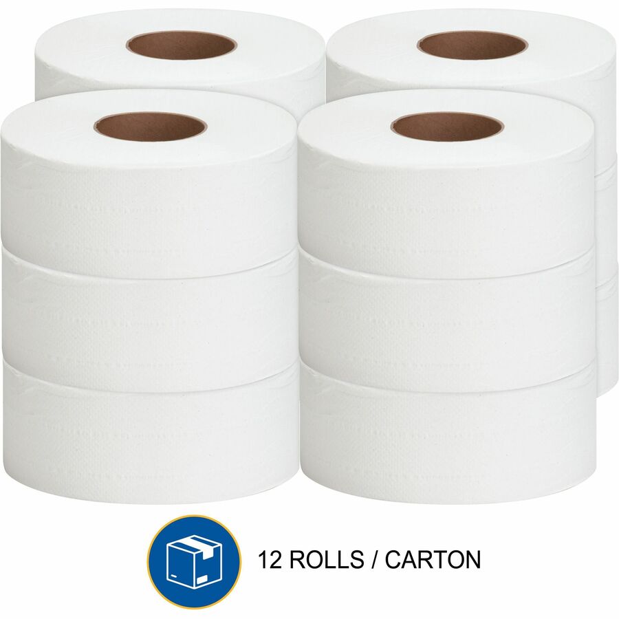 Genuine Joe Jumbo Roll Bath Tissues - 2 Ply - 3.25" x 1000 ft - 9" Roll Diameter - 3.30" Core - White - Nonperforated, Unscented - 12 / Carton