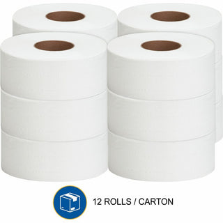 Genuine Joe Jumbo Roll Bath Tissues - 2 Ply - 3.25" x 1000 ft - 9" Roll Diameter - 3.30" Core - White - Nonperforated, Unscented - 12 / Carton