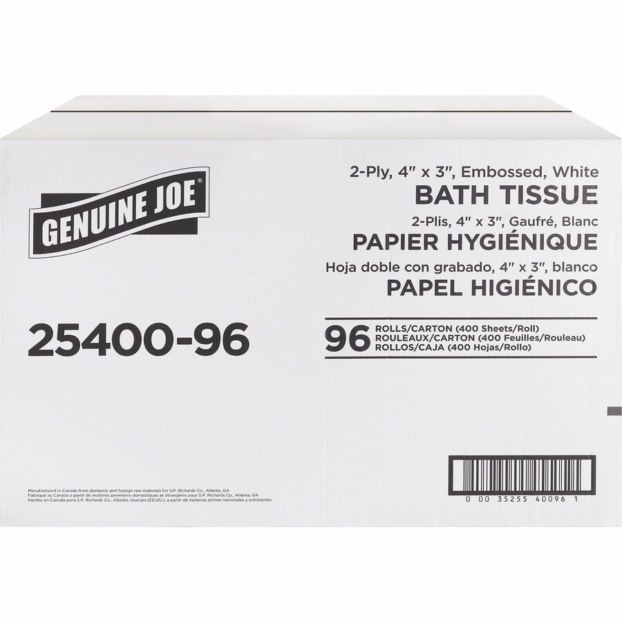 Genuine Joe 2-ply Standard Bath Tissue Rolls - 2 Ply - 3" x 4" - 400 Sheets/Roll - 1.63" Core - White - Perforated, Absorbent, Soft, Embossed - For Restroom - 96 / Carton