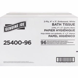 Genuine Joe 2-ply Standard Bath Tissue Rolls - 2 Ply - 3" x 4" - 400 Sheets/Roll - 1.63" Core - White - Perforated, Absorbent, Soft, Embossed - For Restroom - 96 / Carton