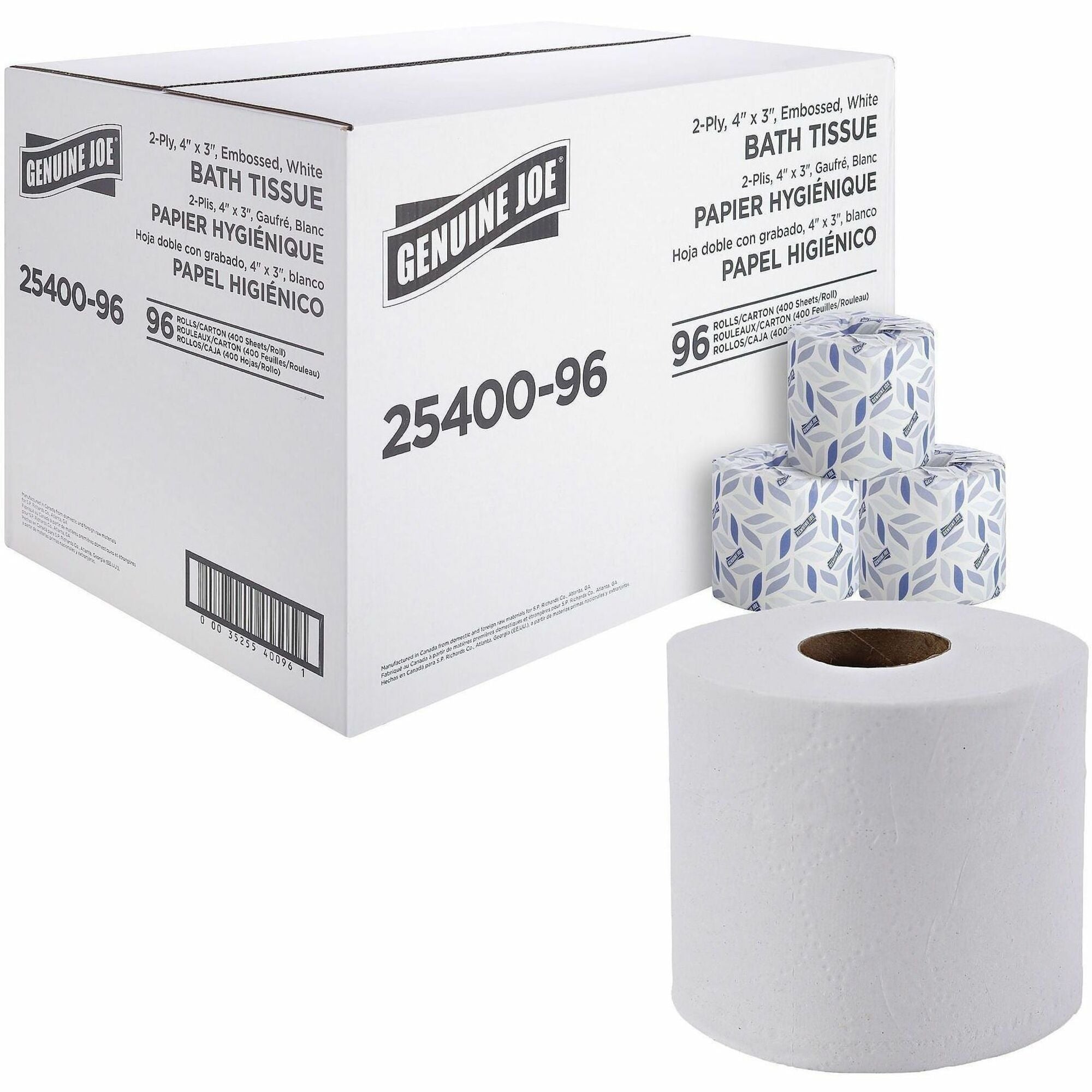Genuine Joe 2-ply Standard Bath Tissue Rolls - 2 Ply - 3" x 4" - 400 Sheets/Roll - 1.63" Core - White - Perforated, Absorbent, Soft, Embossed - For Restroom - 96 / Carton