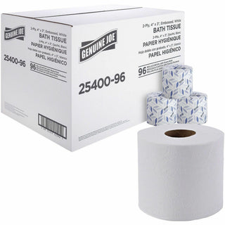 Genuine Joe 2-ply Standard Bath Tissue Rolls - 2 Ply - 3" x 4" - 400 Sheets/Roll - 1.63" Core - White - Perforated, Absorbent, Soft, Embossed - For Restroom - 96 / Carton