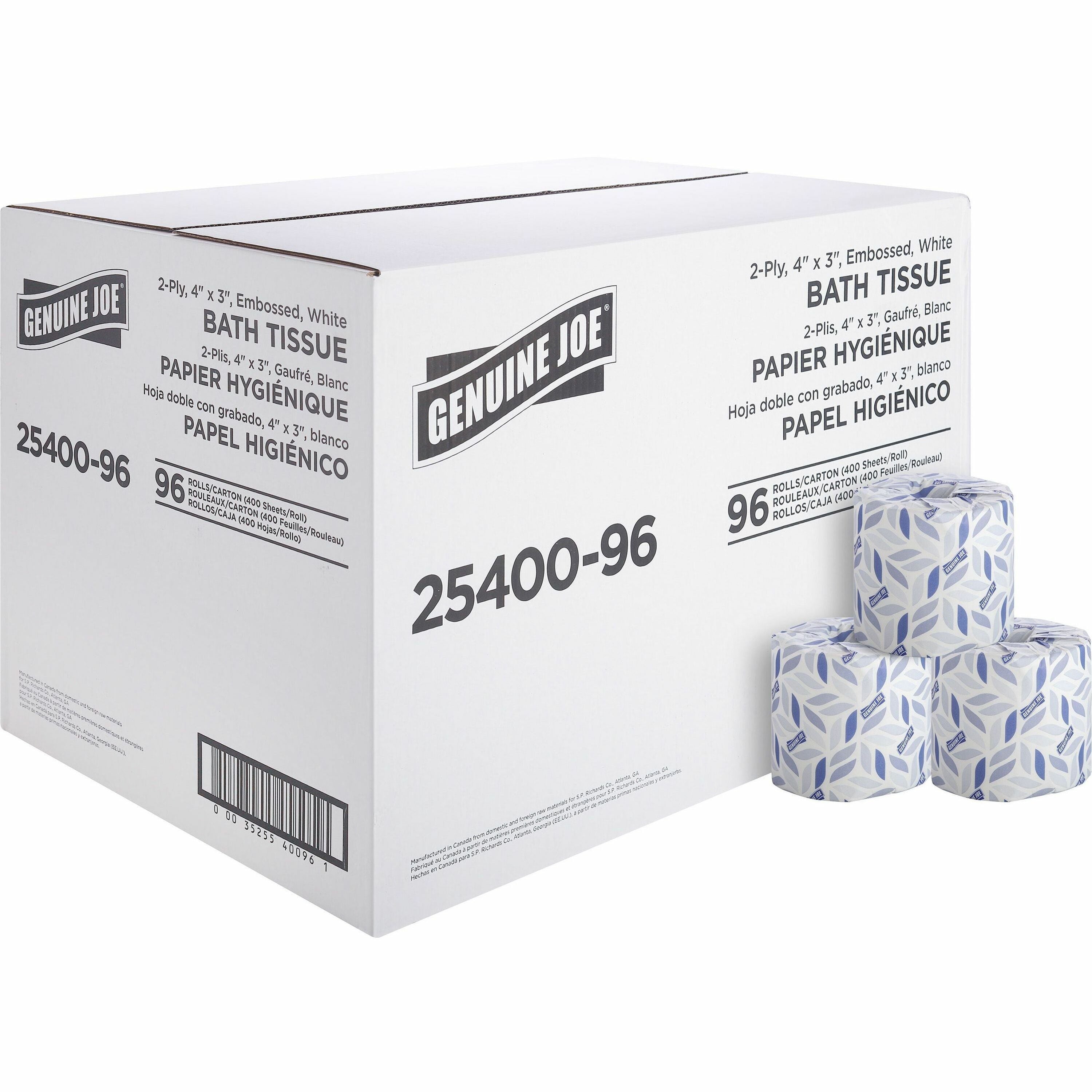 genuine-joe-2-ply-standard-bath-tissue-rolls-2-ply-3-x-4-400-sheets-roll-163-core-white-perforated-absorbent-soft-embossed-for-restroom-96-carton_gjo2540096 - 1
