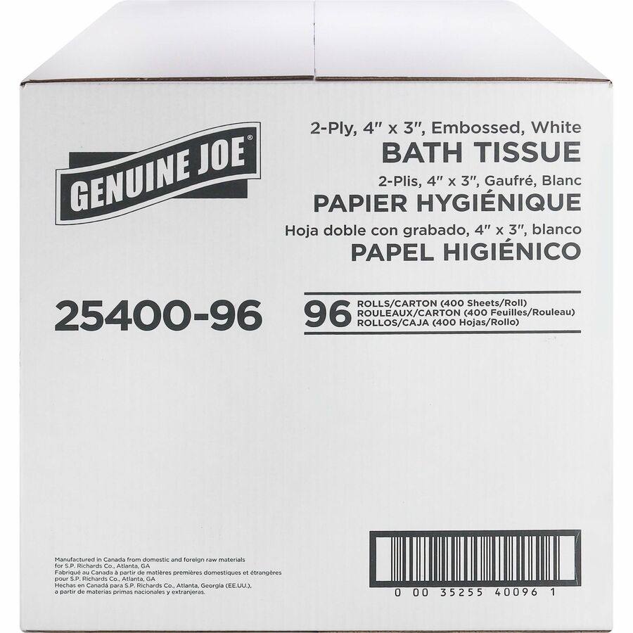 Genuine Joe 2-ply Standard Bath Tissue Rolls - 2 Ply - 3" x 4" - 400 Sheets/Roll - 1.63" Core - White - Perforated, Absorbent, Soft, Embossed - For Restroom - 96 / Carton
