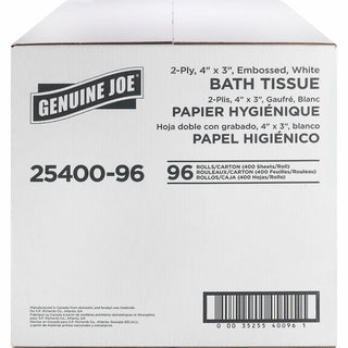 Genuine Joe 2-ply Standard Bath Tissue Rolls - 2 Ply - 3" x 4" - 400 Sheets/Roll - 1.63" Core - White - Perforated, Absorbent, Soft, Embossed - For Restroom - 96 / Carton