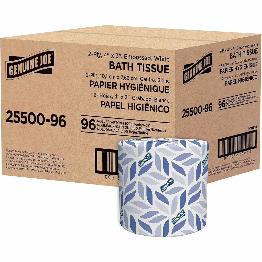 Genuine Joe 2-ply Standard Bath Tissue Rolls - 2 Ply - 4" x 3.20" - 500 Sheets/Roll - 1.63" Core - White - Perforated, Absorbent, Soft - 96 / Carton