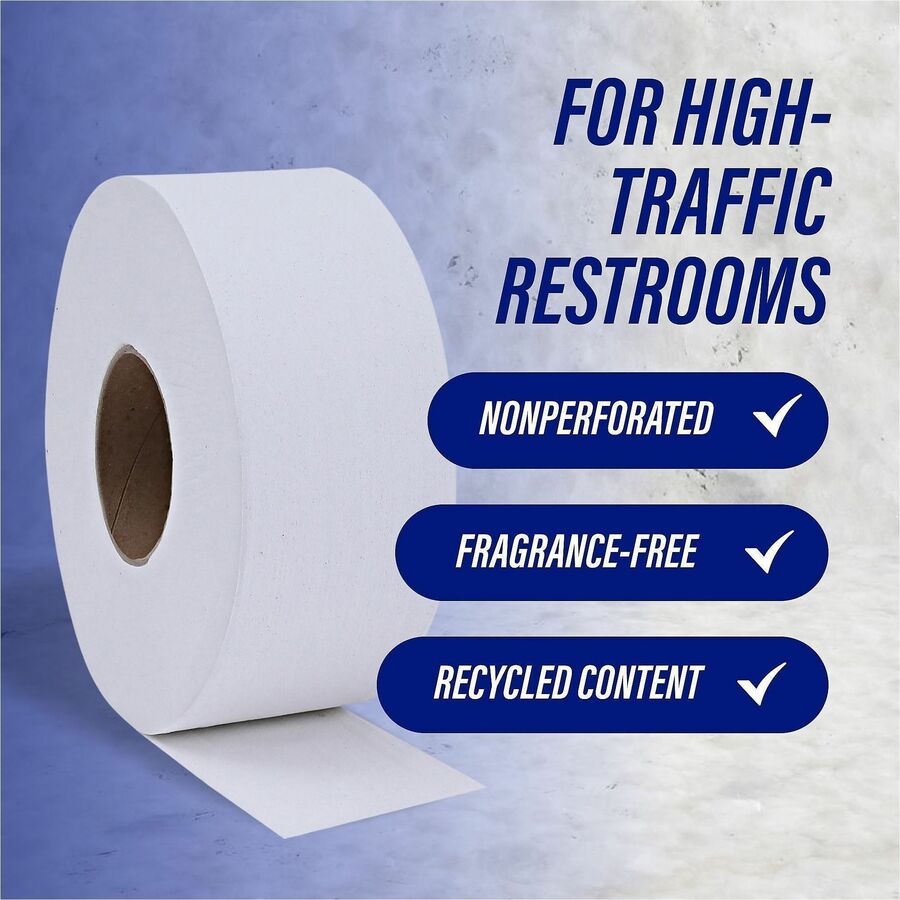 Genuine Joe 2-ply Jumbo Roll Dispenser Bath Tissue - 2 Ply - 3.30" x 650 ft - 3.30" Core - White - Nonperforated, Unscented - For Restroom - 12 / Carton