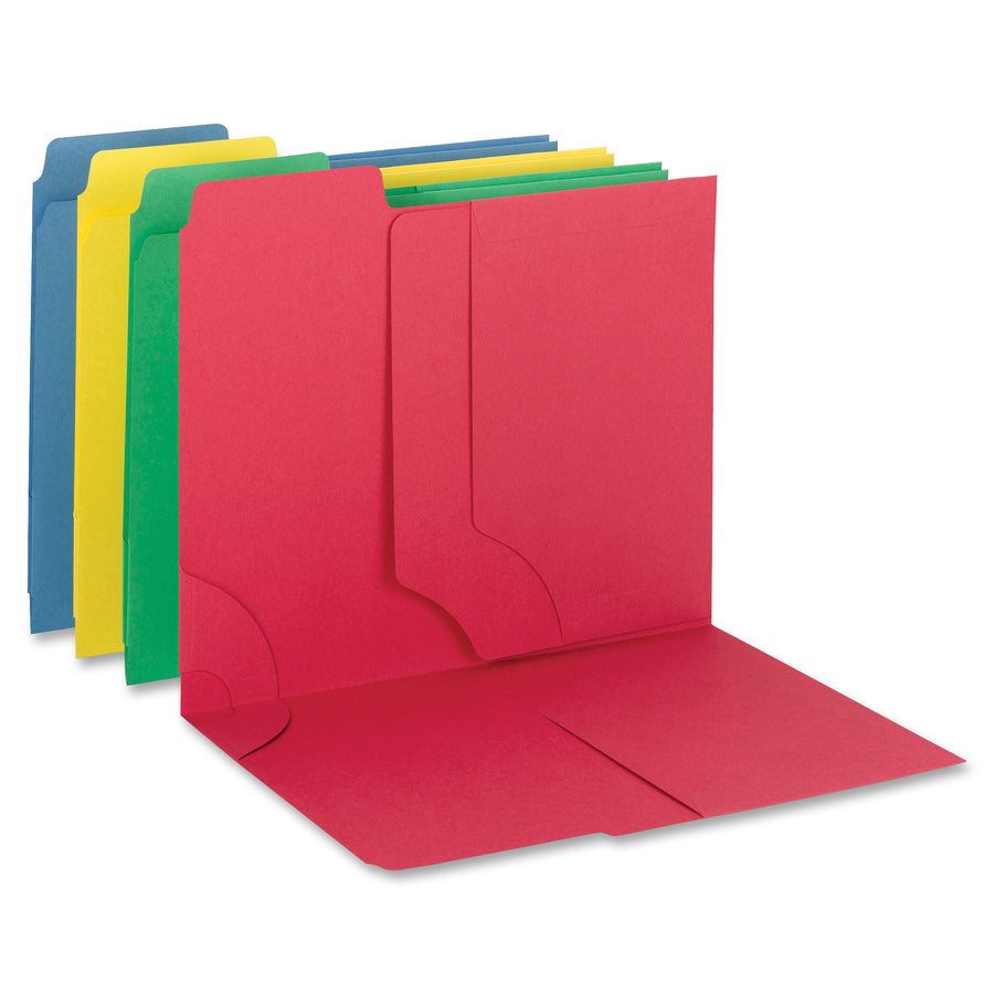 Smead SuperTab 1/3 Tab Cut Letter Recycled Top Tab File Folder - 8 1/2" x 11" - 3 Internal Pocket(s) - Blue, Red, Green, Yellow - 10% Recycled - 12 / Pack - 