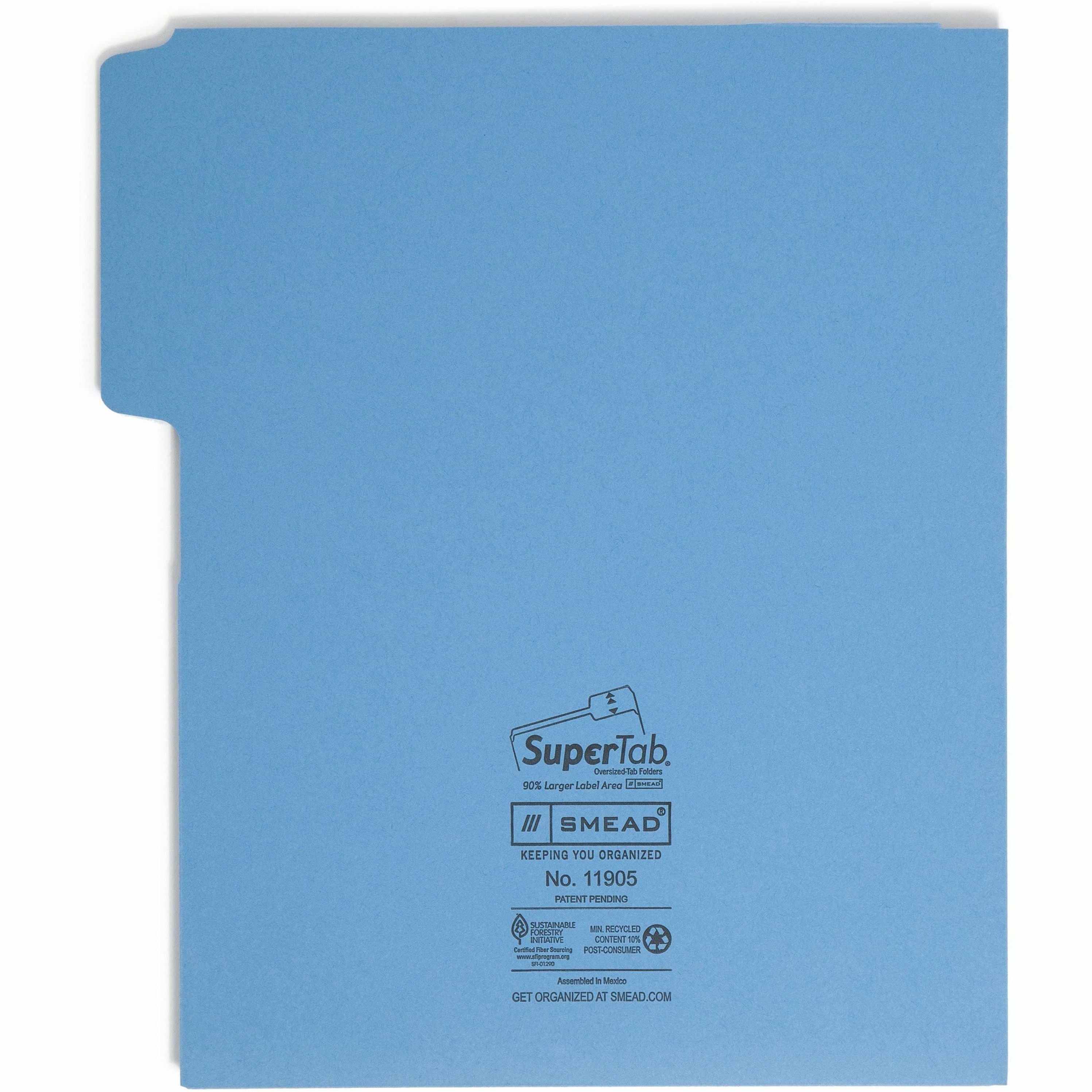 Smead SuperTab 1/3 Tab Cut Letter Recycled Top Tab File Folder - 8 1/2" x 11" - 3 Internal Pocket(s) - Blue, Red, Green, Yellow - 10% Recycled - 12 / Pack - 