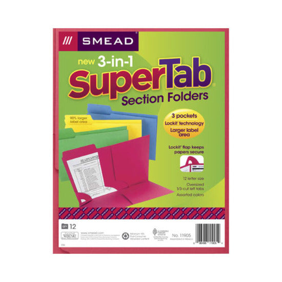 Smead SuperTab 1/3 Tab Cut Letter Recycled Top Tab File Folder - 8 1/2" x 11" - 3 Internal Pocket(s) - Blue, Red, Green, Yellow - 10% Recycled - 12 / Pack - 