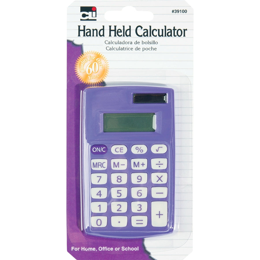 CLI 8-digit Hand Held Calculator - Dual Power, Non-slip Rubber Key - 8 Digits - Battery Powered - Assorted - 1 / Display Box - 