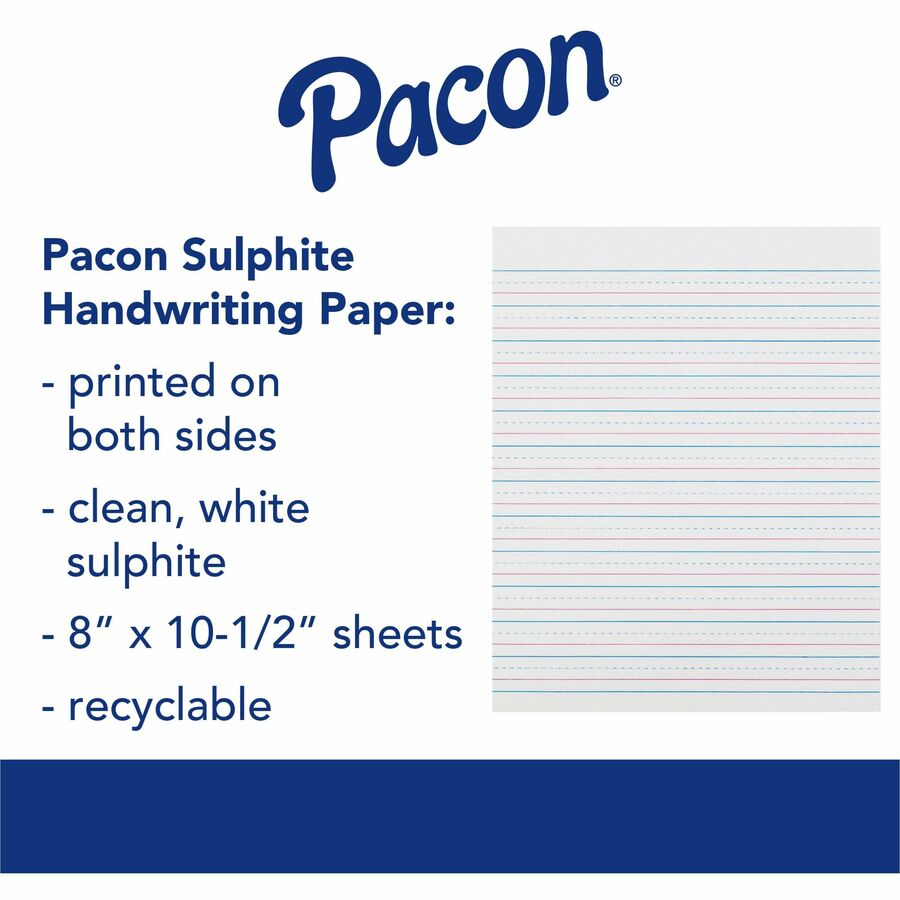 Zaner-Bloser Pacon Broken Midline Sulphite Paper - 500 Sheets - 0.50" Ruled - 8" x 10 1/2" - White Paper - 500 / Ream