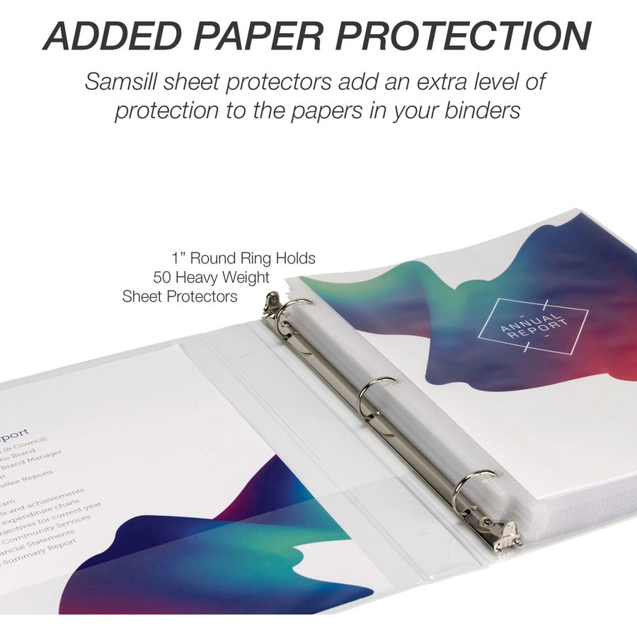 Samsill Economy View Binder - 1" Binder Capacity - 200 Sheet Capacity - 3 x Round Ring Fastener(s) - Polypropylene, Chipboard, Plastic - White - 4.02 lb - Recycled - Customizable Spine/Cover, Clear Overlay, Non-stick, Non-glare - 6 / Carton