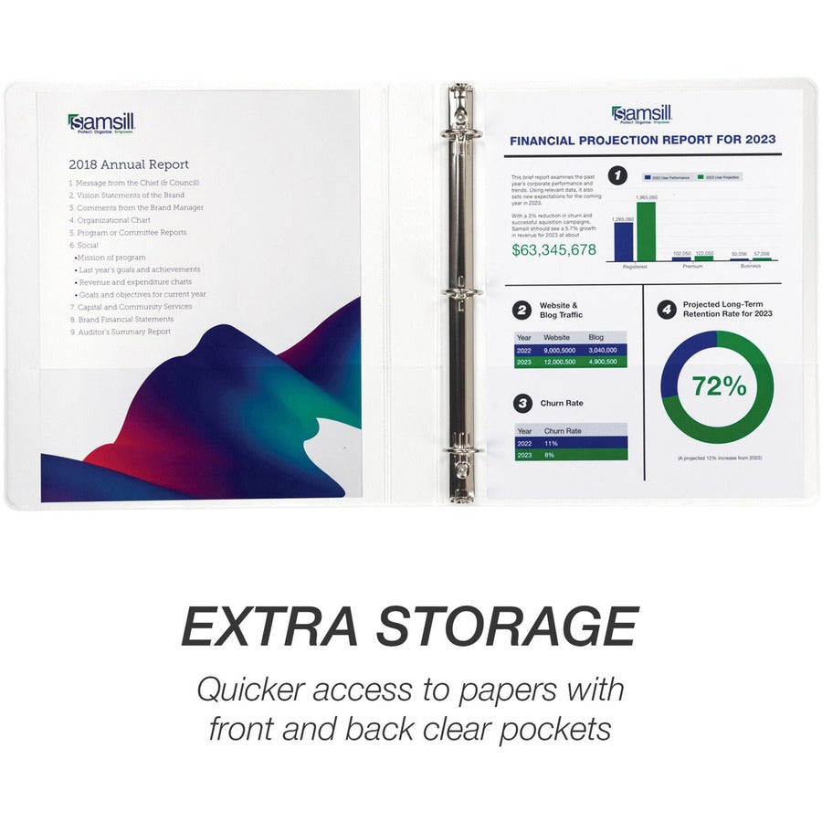 Samsill Economy View Binder - 1" Binder Capacity - 200 Sheet Capacity - 3 x Round Ring Fastener(s) - Polypropylene, Chipboard, Plastic - White - 4.02 lb - Recycled - Customizable Spine/Cover, Clear Overlay, Non-stick, Non-glare - 6 / Carton