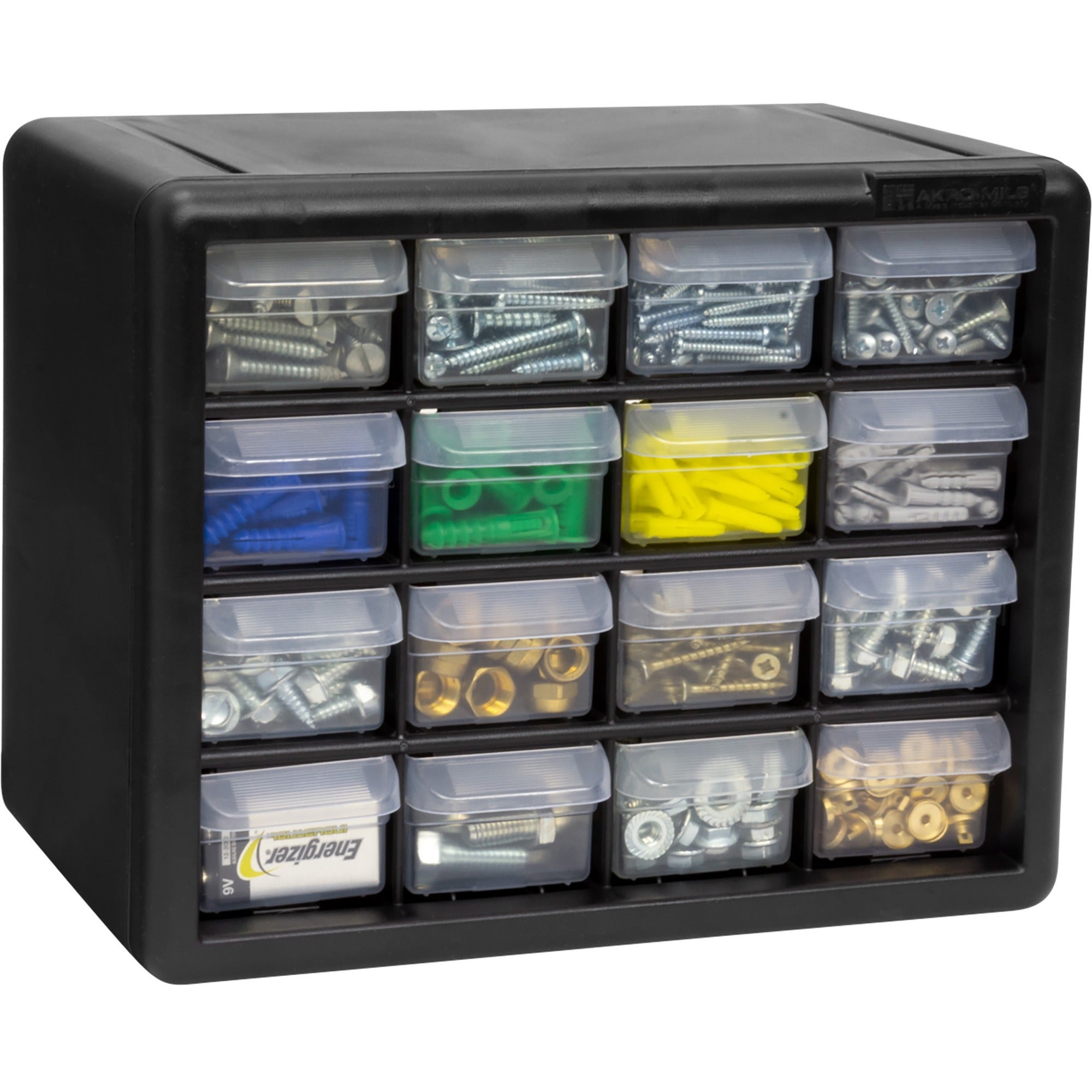 Akro-Mils 16-Drawer Plastic Storage Cabinet - 16 Drawer(s) - 8.5" Height x 6.4" Width10.5" Length%Floor - Stackable, Finger Grip, Unbreakable - Black - Polymer, Plastic - 1 Each - 