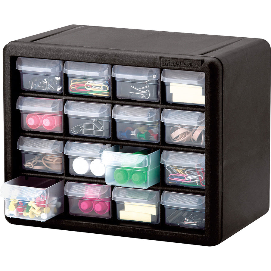 Akro-Mils 16-Drawer Plastic Storage Cabinet - 16 Drawer(s) - 8.5" Height x 6.4" Width10.5" Length%Floor - Stackable, Finger Grip, Unbreakable - Black - Polymer, Plastic - 1 Each - 