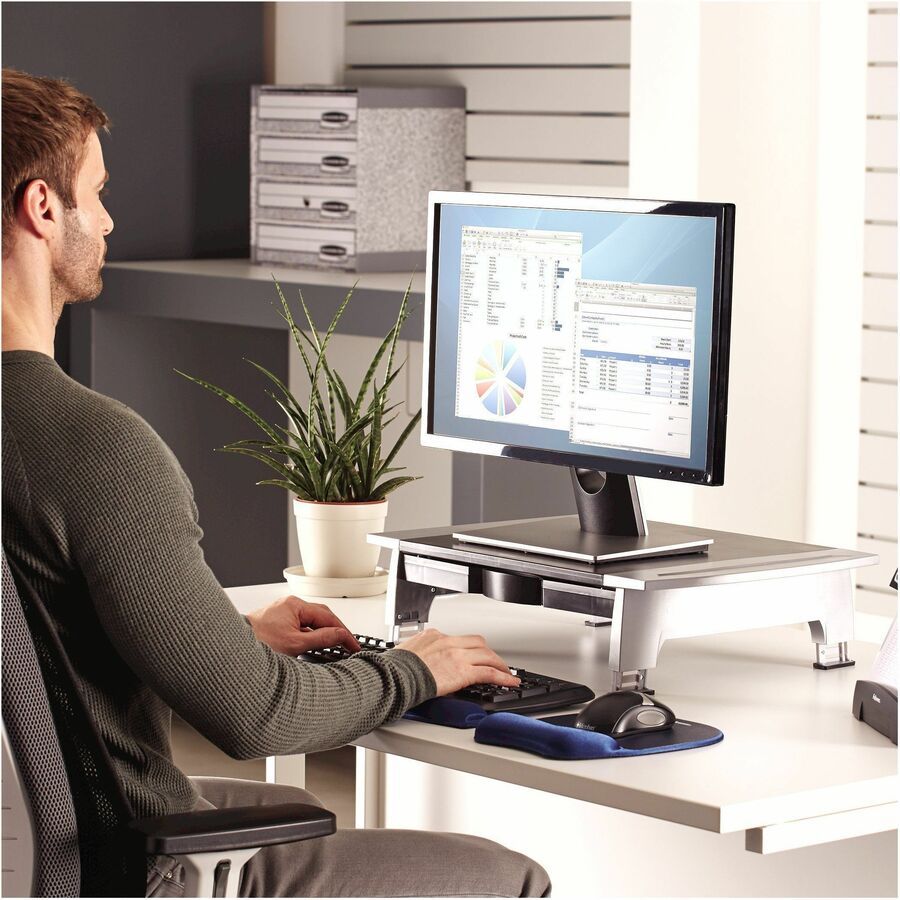 Office Suites Standard Monitor Riser, For 21" Monitors, 19.78" x 14.06" x 4" to 6.5", Black/Silver, Supports 80 lbs