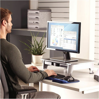 Office Suites Standard Monitor Riser, For 21" Monitors, 19.78" x 14.06" x 4" to 6.5", Black/Silver, Supports 80 lbs