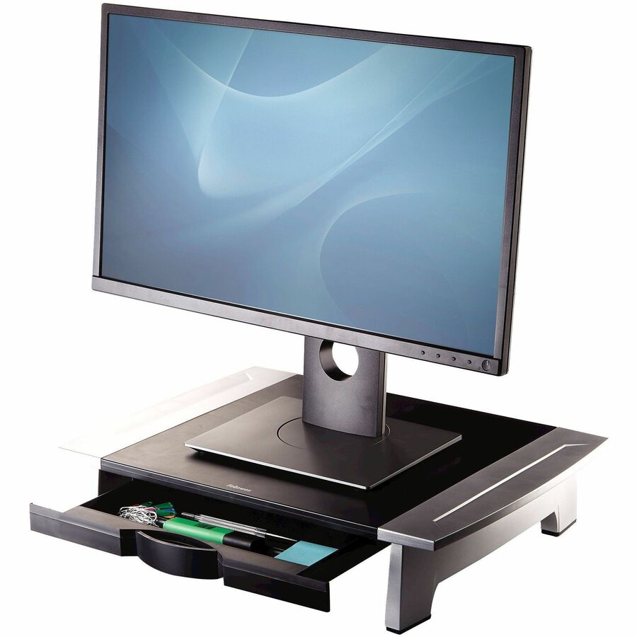 Office Suites Standard Monitor Riser, For 21" Monitors, 19.78" x 14.06" x 4" to 6.5", Black/Silver, Supports 80 lbs