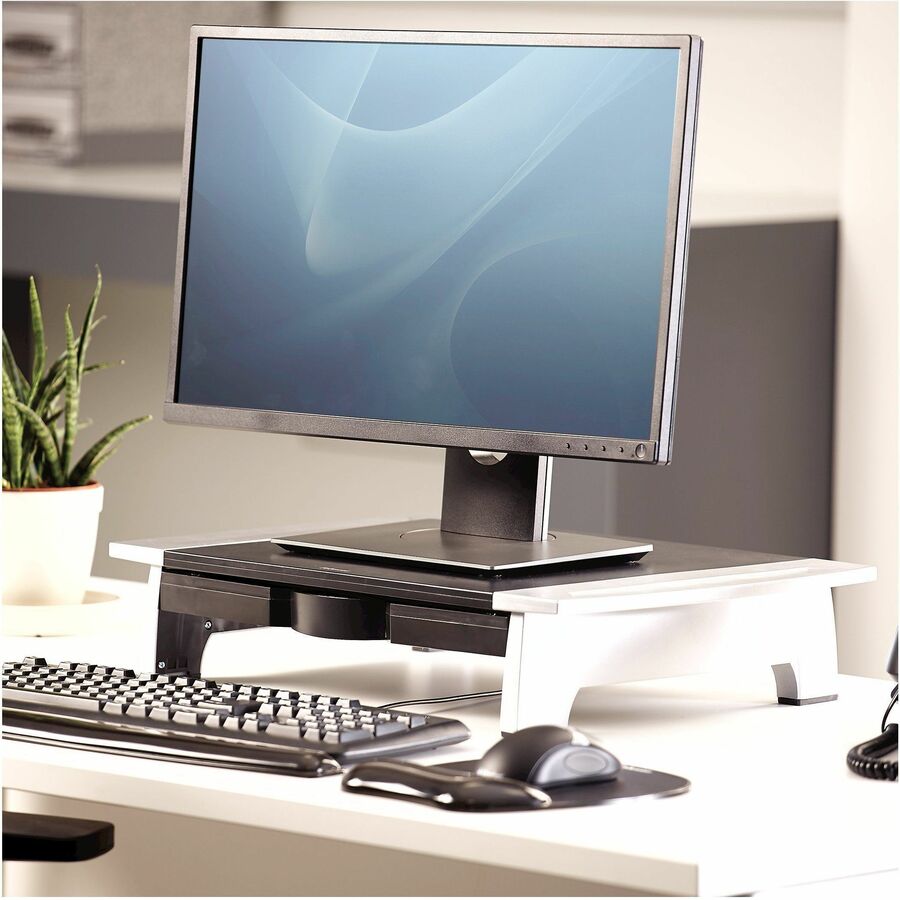 Office Suites Standard Monitor Riser, For 21" Monitors, 19.78" x 14.06" x 4" to 6.5", Black/Silver, Supports 80 lbs