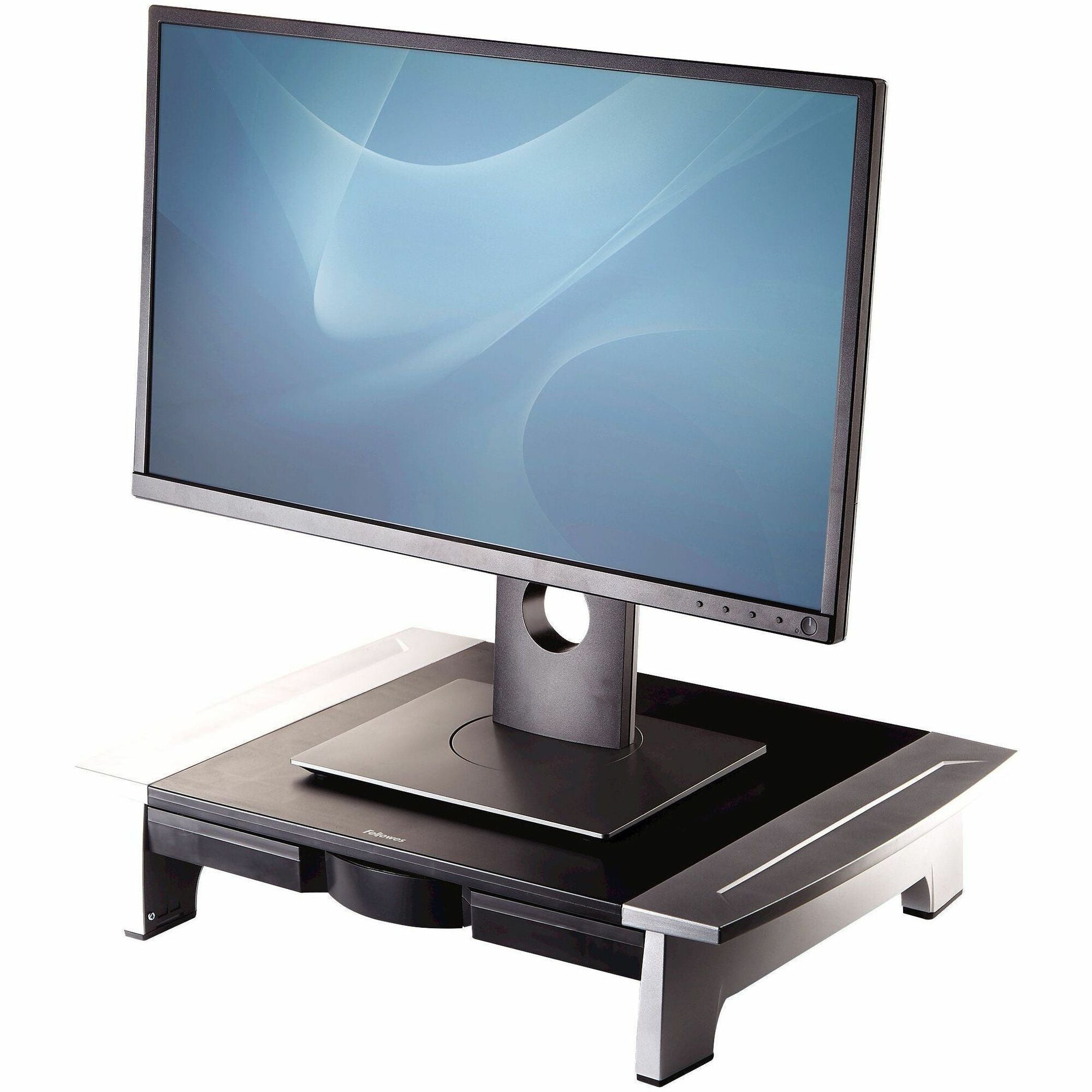 Office Suites Standard Monitor Riser, For 21" Monitors, 19.78" x 14.06" x 4" to 6.5", Black/Silver, Supports 80 lbs