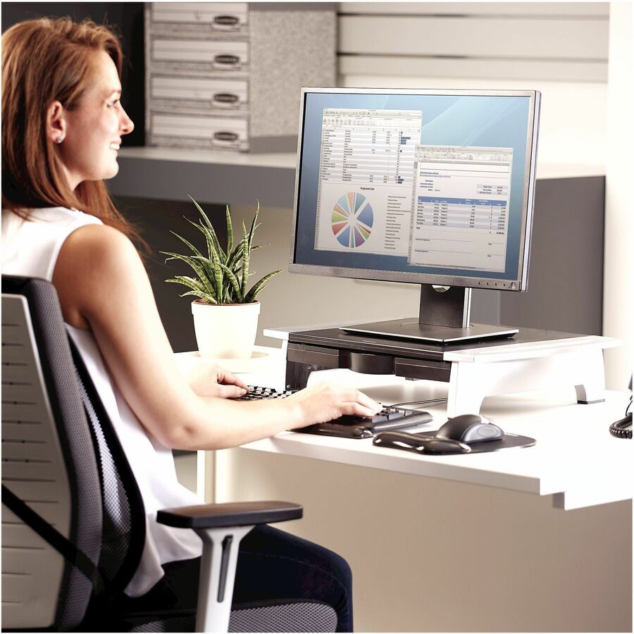 Office Suites Standard Monitor Riser, For 21" Monitors, 19.78" x 14.06" x 4" to 6.5", Black/Silver, Supports 80 lbs