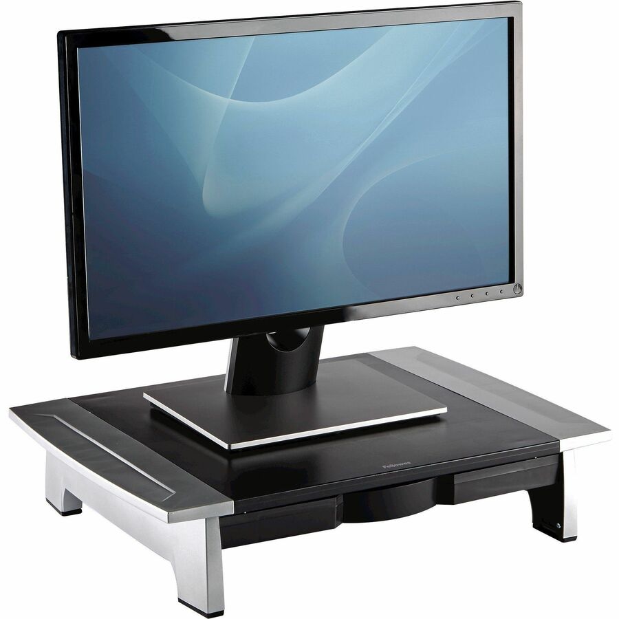 Office Suites Standard Monitor Riser, For 21" Monitors, 19.78" x 14.06" x 4" to 6.5", Black/Silver, Supports 80 lbs