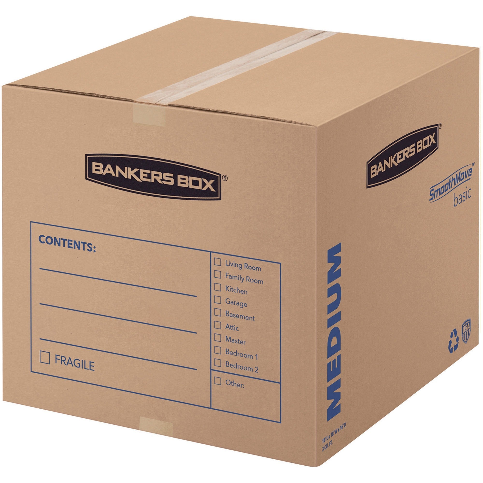 SmoothMove Basic Moving Boxes, Regular Slotted Container (RSC), Medium, 18" x 18" x 16", Brown/Blue, 20/Bundle
