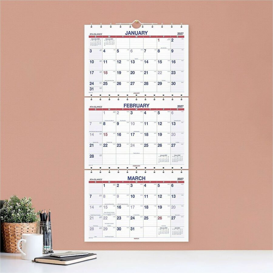 Move-A-Page Three-Month Wall Calendar, 12 x 27, White/Red/Blue Sheets, 15-Month (Dec to Feb): 2023 to 2025