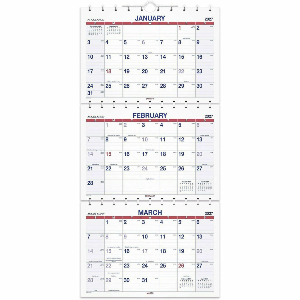 Move-A-Page Three-Month Wall Calendar, 12 x 27, White/Red/Blue Sheets, 15-Month (Dec to Feb): 2023 to 2025