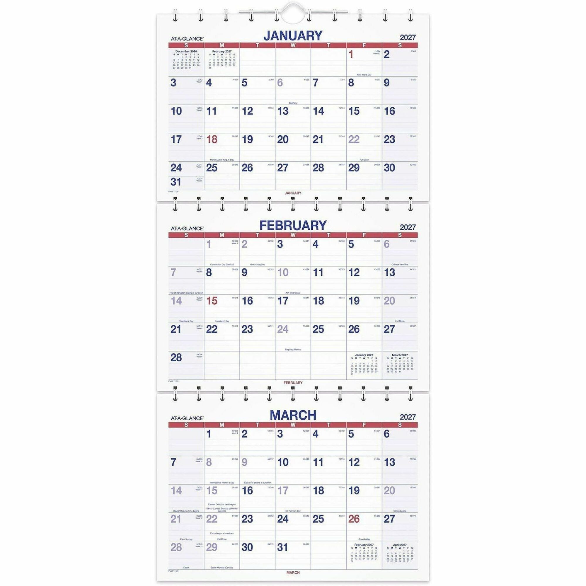 Move-A-Page Three-Month Wall Calendar, 12 x 27, White/Red/Blue Sheets, 15-Month (Dec to Feb): 2023 to 2025