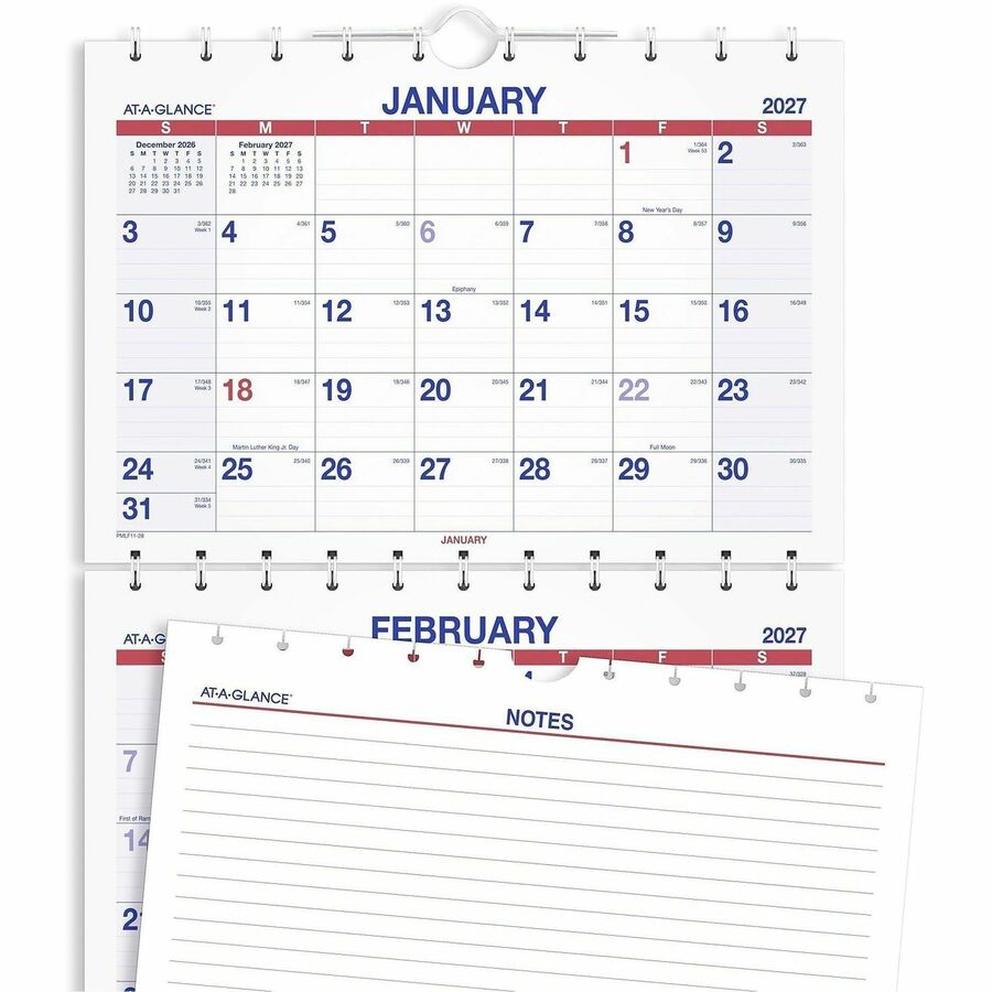 Move-A-Page Three-Month Wall Calendar, 12 x 27, White/Red/Blue Sheets, 15-Month (Dec to Feb): 2023 to 2025
