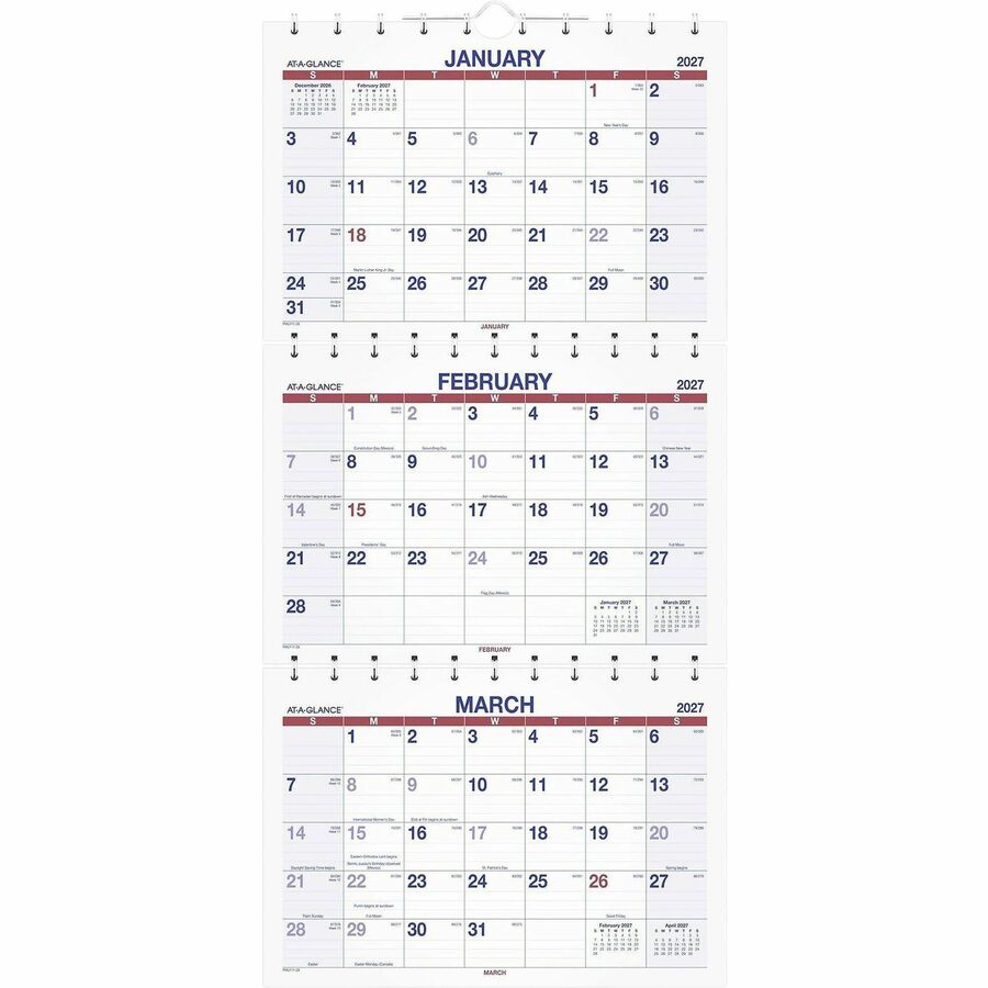 Move-A-Page Three-Month Wall Calendar, 12 x 27, White/Red/Blue Sheets, 15-Month (Dec to Feb): 2023 to 2025