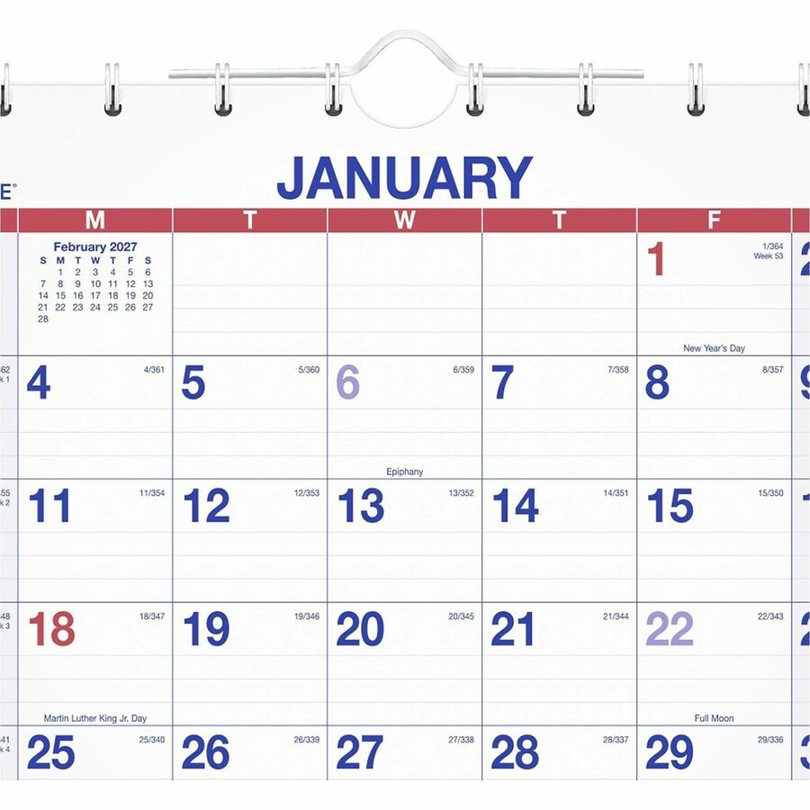 Move-A-Page Three-Month Wall Calendar, 12 x 27, White/Red/Blue Sheets, 15-Month (Dec to Feb): 2023 to 2025