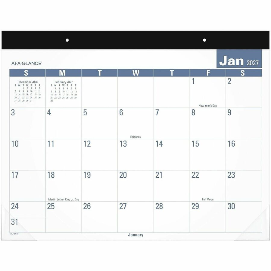 Easy-to-Read Monthly Desk Pad, 22 x 17, White/Blue Sheets, Black Binding, Clear Corners, 12-Month (Jan to Dec): 2024