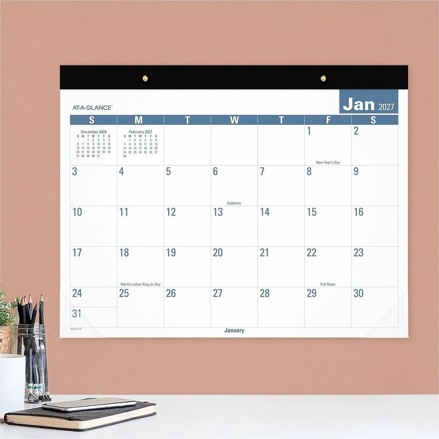 Easy-to-Read Monthly Desk Pad, 22 x 17, White/Blue Sheets, Black Binding, Clear Corners, 12-Month (Jan to Dec): 2024
