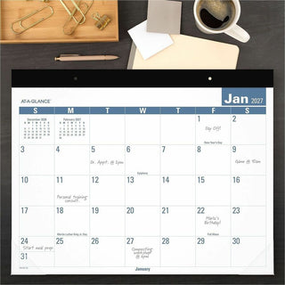Easy-to-Read Monthly Desk Pad, 22 x 17, White/Blue Sheets, Black Binding, Clear Corners, 12-Month (Jan to Dec): 2024