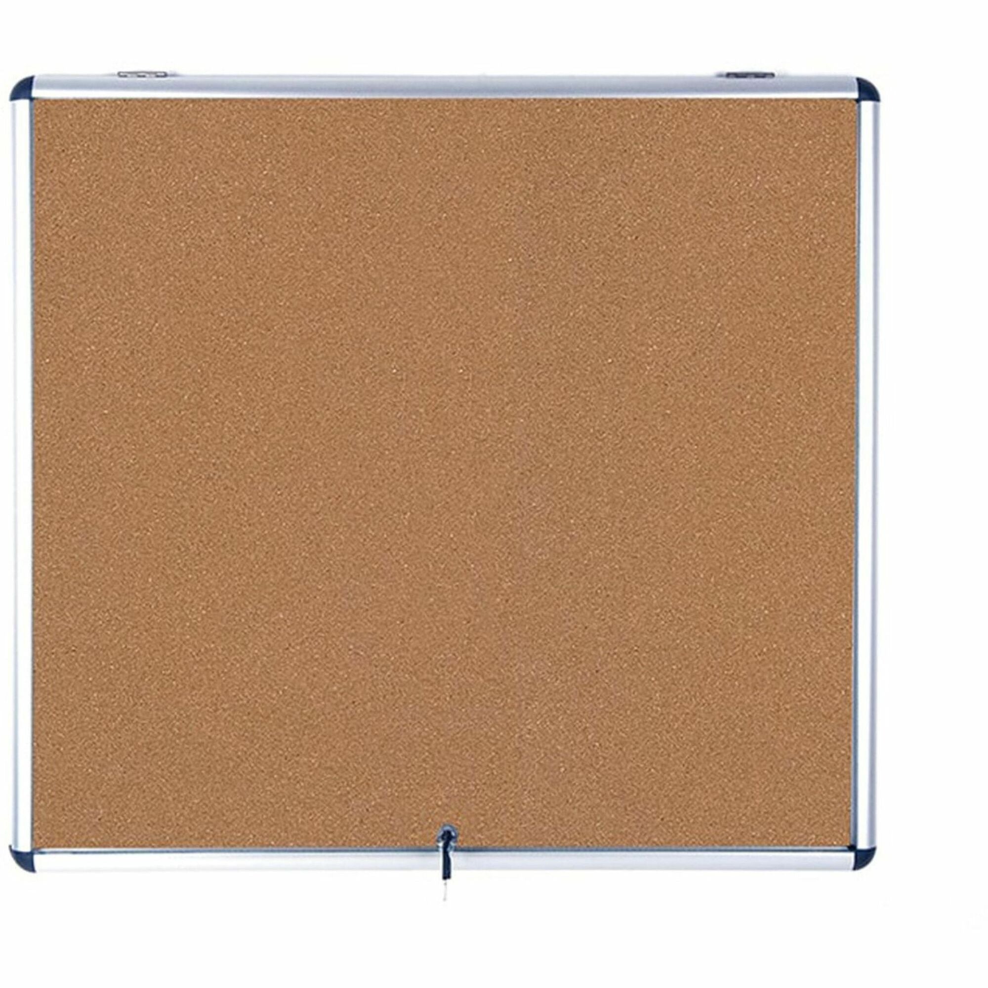 Slim-Line Enclosed Cork Bulletin Board, One Door, 47 x 38, Tan Surface, Aluminum Frame