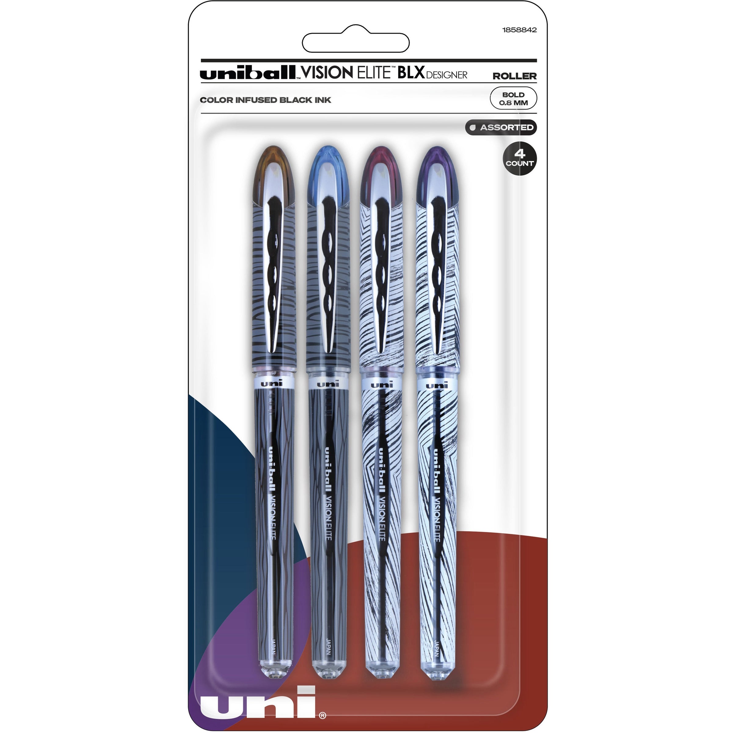 uniball Vision Elite Designer Rollerball Pen - Bold Pen Point - 8 mm Pen Point Size - Brown/Black, Black/Blue, Black/Red, Violet/Black - Assorted Barrel - 4 / Pack